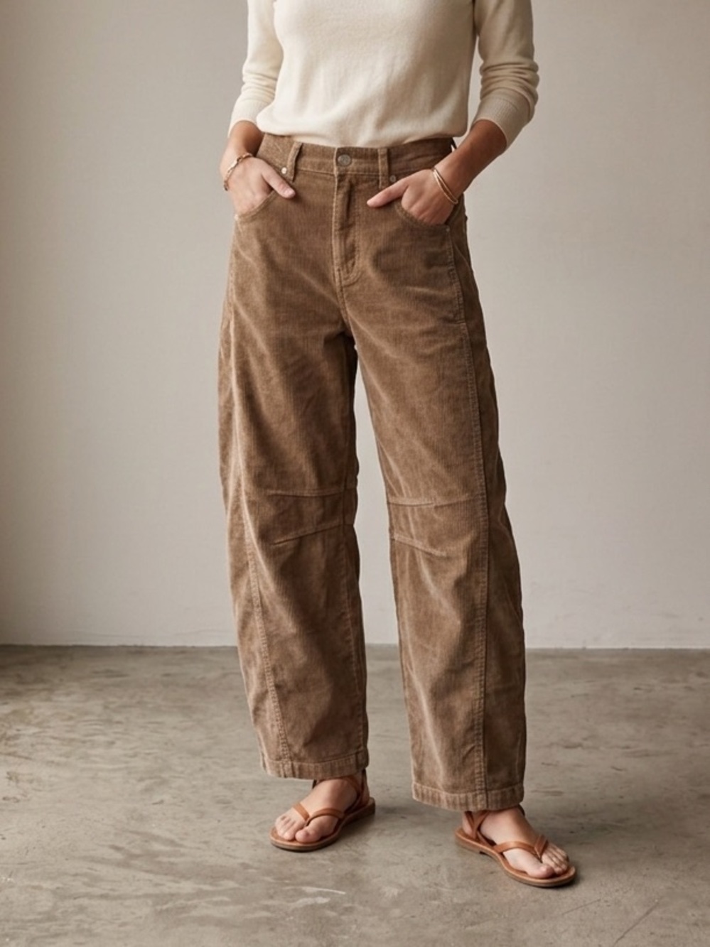 Aaron & Amber Sz M Brown Tan Corduroy Barrel Leg Relaxed Pants